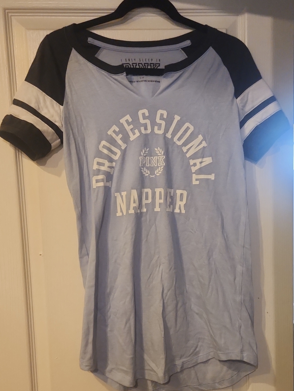 PINK Victoria's Secret Light Blue and Navy Raglan 'Professional Napper' Tee
